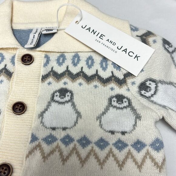 Janie and Jack 100047807 Cream and Gray Baby Fair Isle Penguin Cardigan size 0-3 - Picture 6 of 10